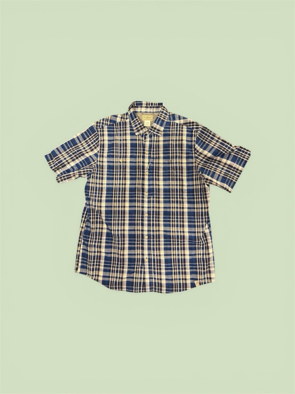 L.L. Bean Blue and White Plaid Short Sleeve Button-Down Shirt